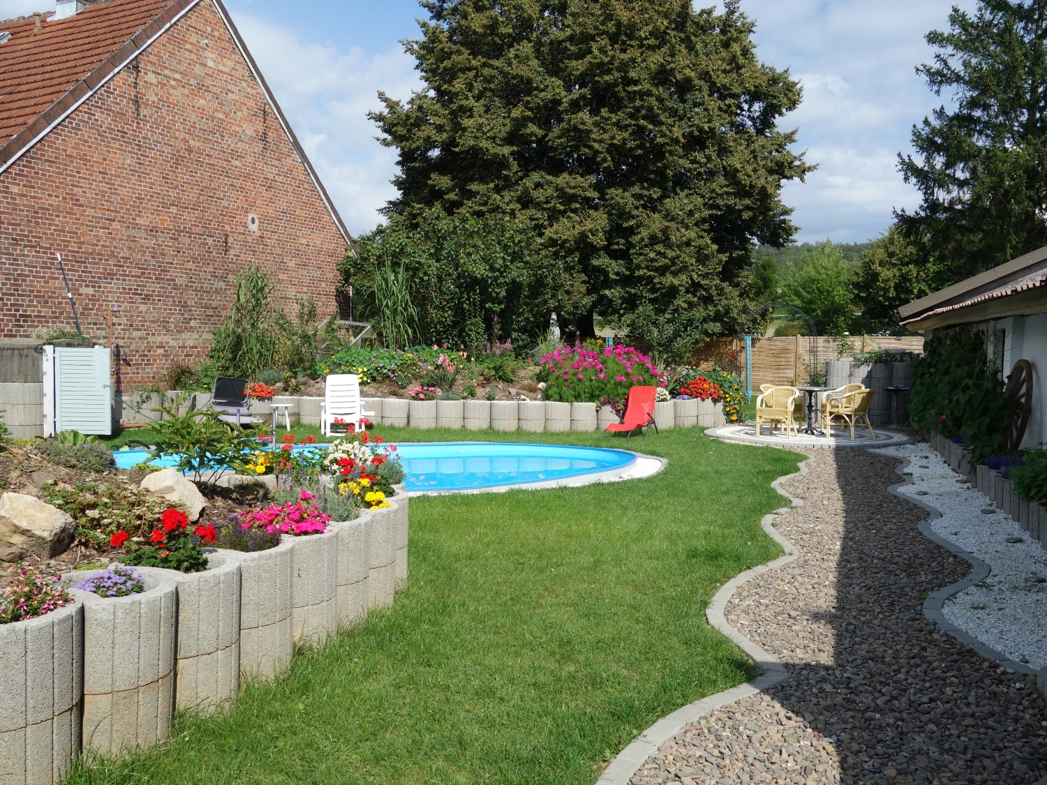 GRUPPENHAUS Außenbereich Garten, Pool und Gehweg